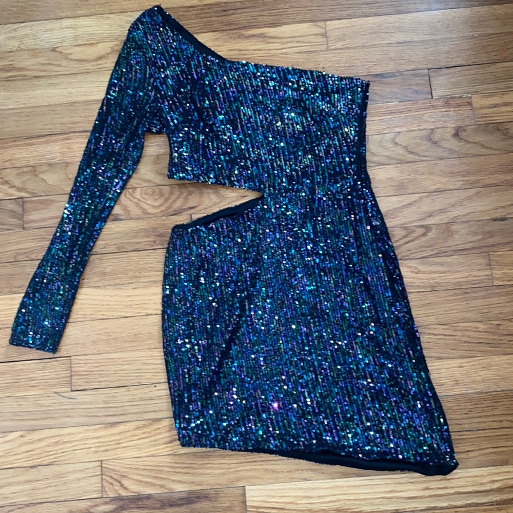 Blueish/black one sleeve mini dress with cut out